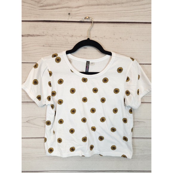 Electric Pink Women's White Sunflower‎ Floral Print Crop Tee Size XS - Picture 1 of 6